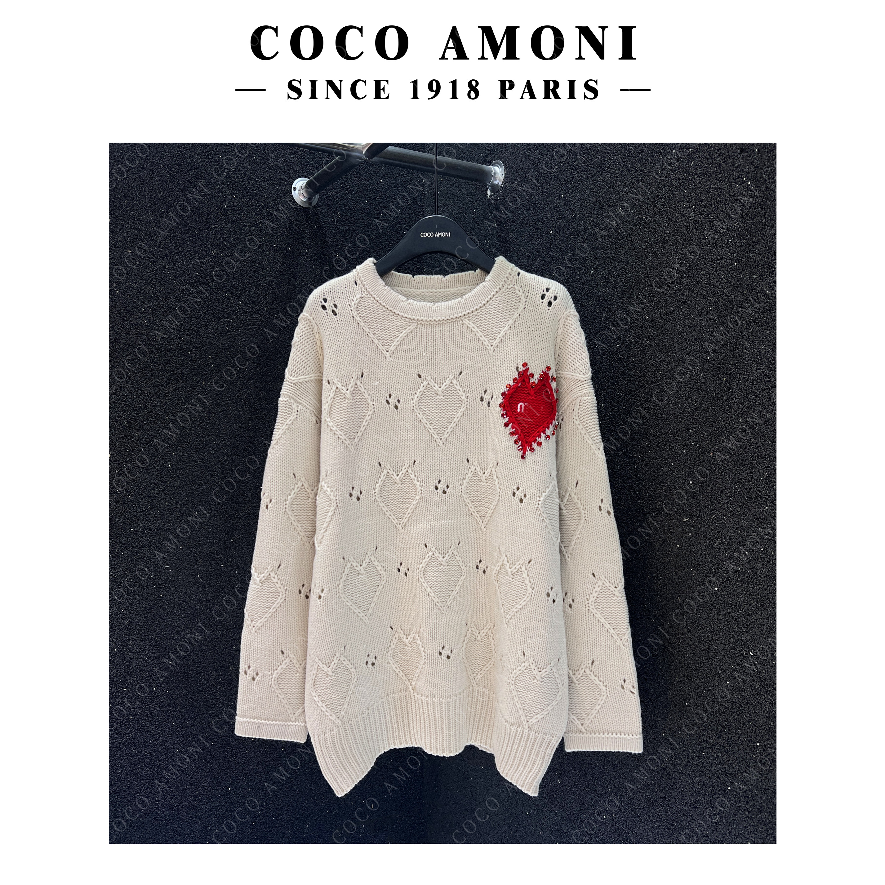 设计感镂空心形刺绣圆领中长款套头落肩袖设计师针织衫毛衣NZ539