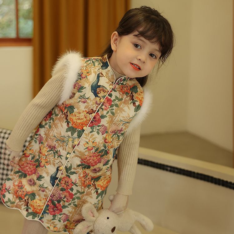 中小女童新款加厚旗袍裙马甲中式棉服冬季中国风复古乖宝宝拜年服