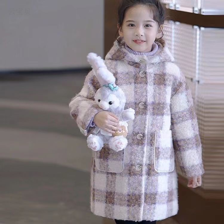 女童毛呢外套秋冬装新款中大儿童洋气连帽格中长款女孩大衣潮