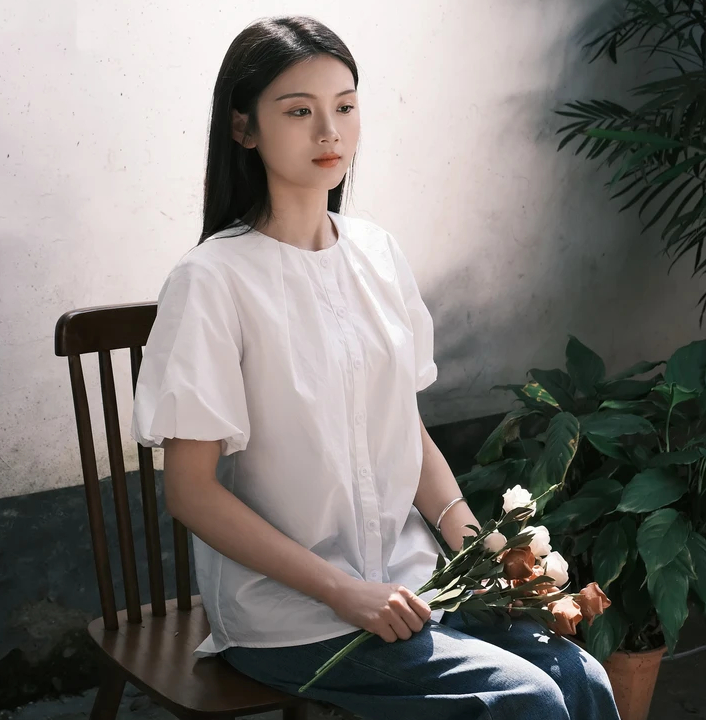 纯棉白色短袖衬衫复古圆领褶皱设计感简约时尚泡泡女夏甜美9936