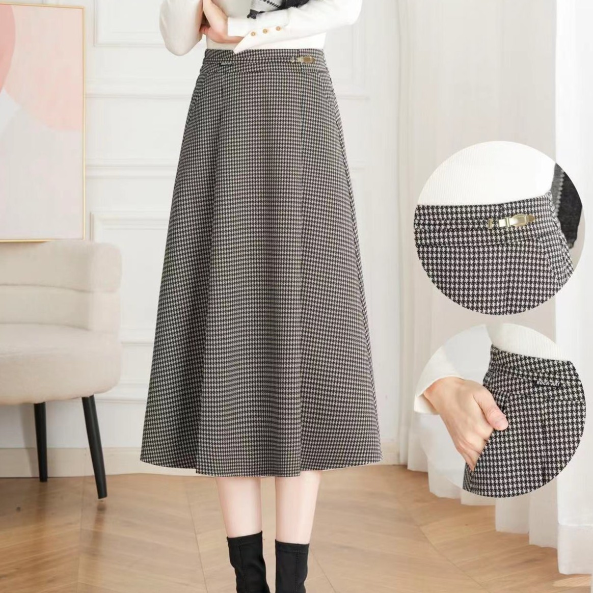 9966#2023冬新款轻奢淑女月光女神裙加长高腰千鸟格人字呢半身裙#