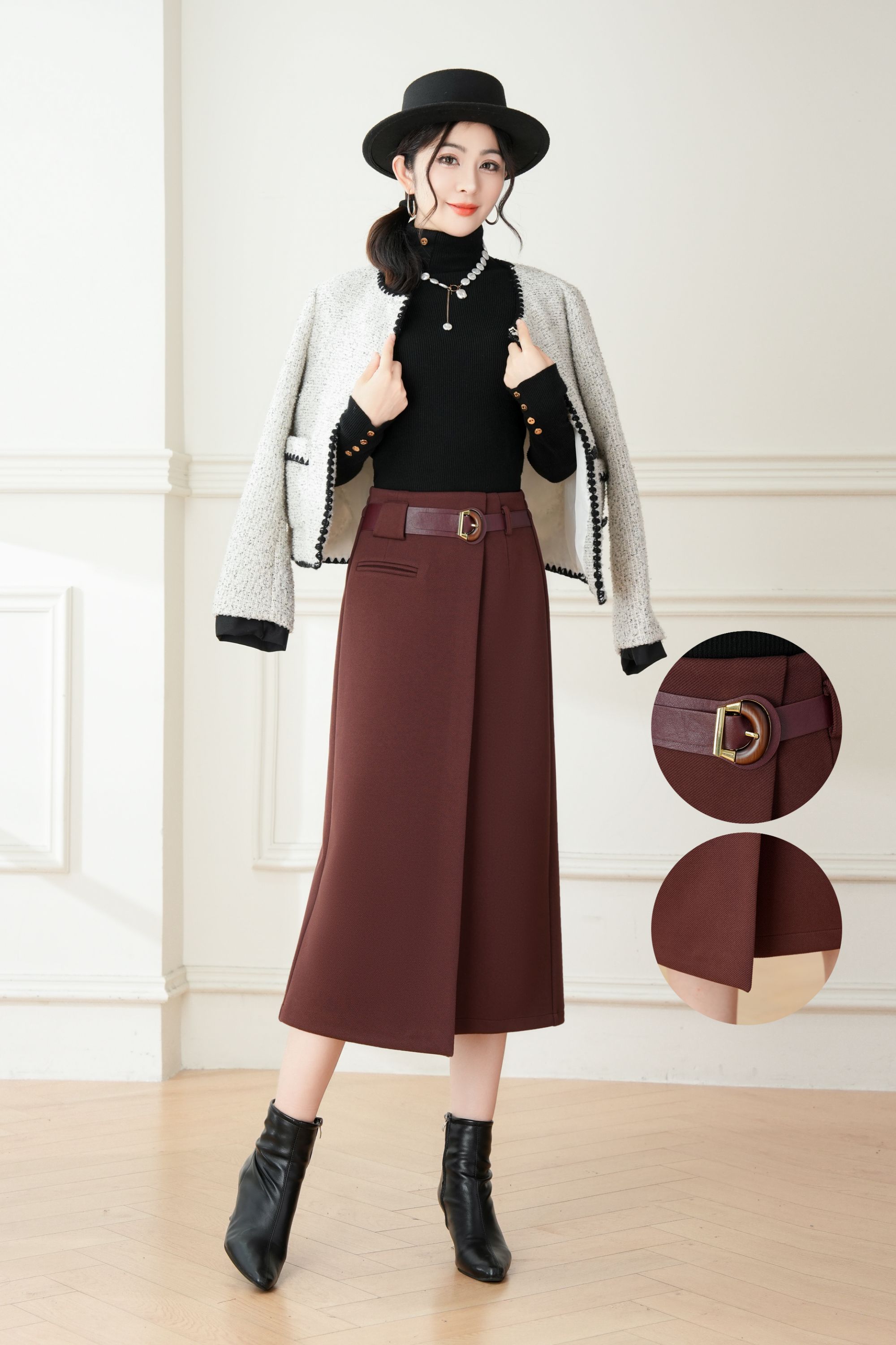 【绮绮女装】 6803#冬季香妃呢设计师款高奢定制半身裙半开毛呢裙