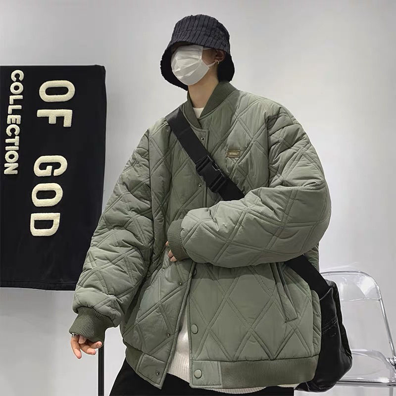 秋冬新款棒球服棉衣港风男女复古宽松大码胖子菱形格加厚保暖棉服