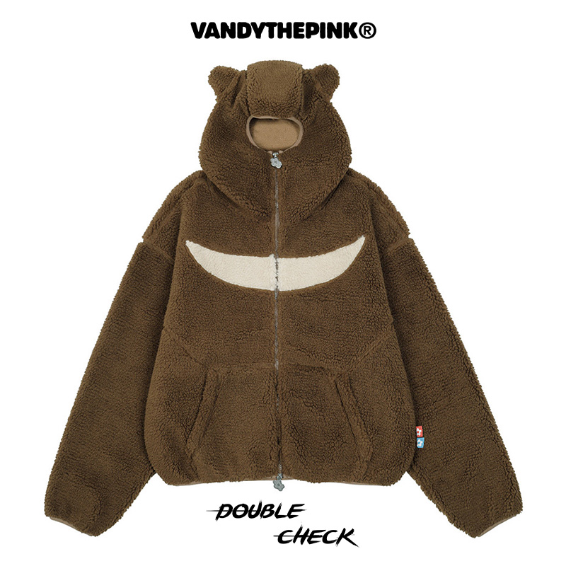 VandyThePink 小熊 羊羔绒情侣拉链抓绒连帽套头外套衫