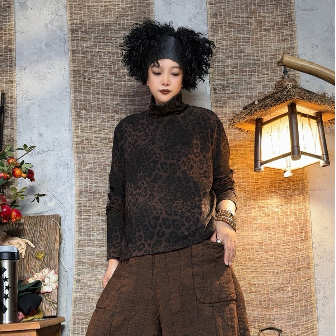 167款冬季宽松百搭潮流个性洋气堆堆领豹纹打底衫【胸围130衣长65】