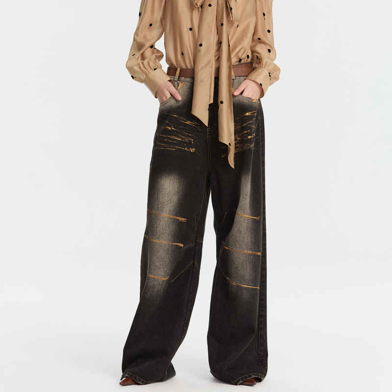 【搭搭精选】REVAN芮范冬季新品街头感烫金牛仔长裤RM91302099