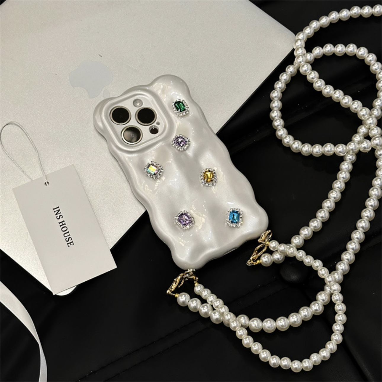 ins韩风立体宝石珍珠适用14promax手机壳苹果13支架iPhone12/11软