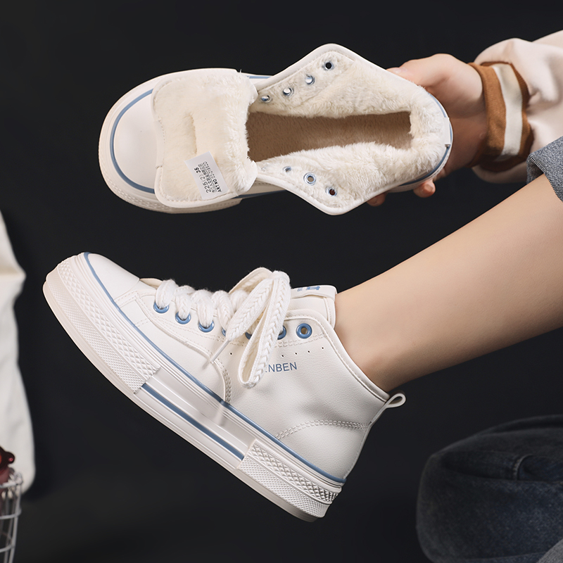 人本加绒高帮鞋2025冬季新款女鞋加厚加绒帆布鞋厚底鞋学生秋冬