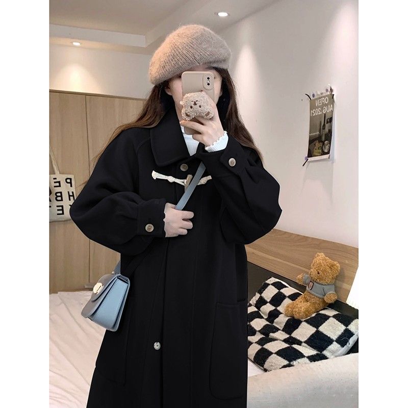 赫本风毛呢外套中长款气质2023新款爆款小个子黑色牛角扣大衣女