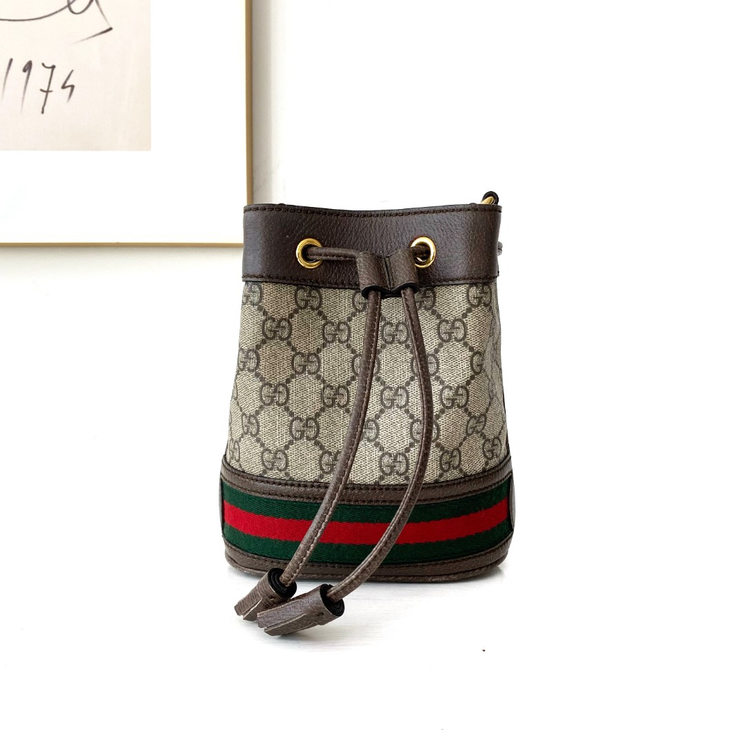 99新 GUCCI/古驰 老花抽绳水桶包单肩斜挎包（包包）