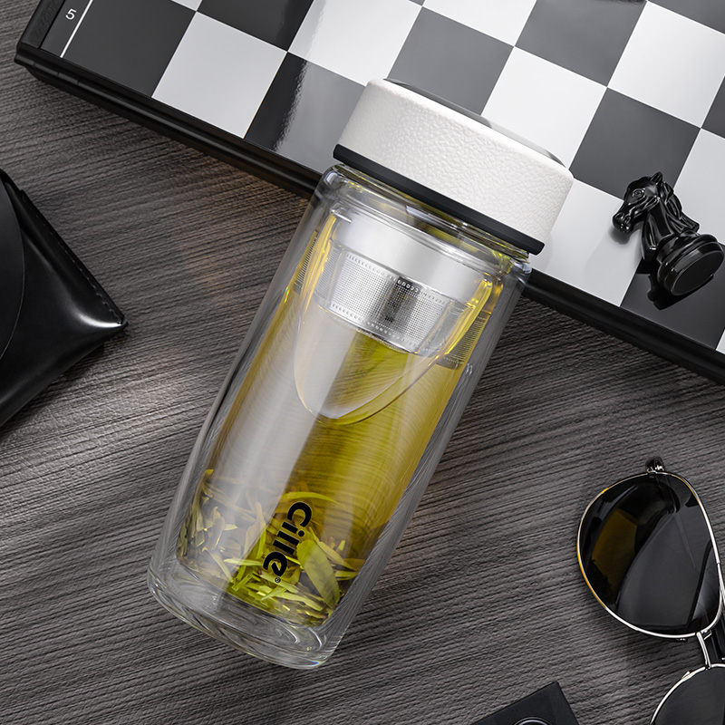 希乐双层玻璃杯男士便携水杯女隔热带盖大容量杯子家用泡茶杯