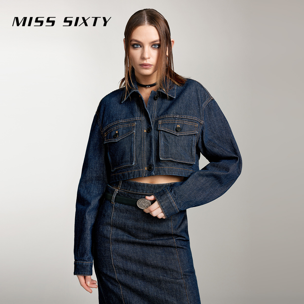 Miss Sixty秋季新款牛仔外套女翻领短款美式复古休闲工装风