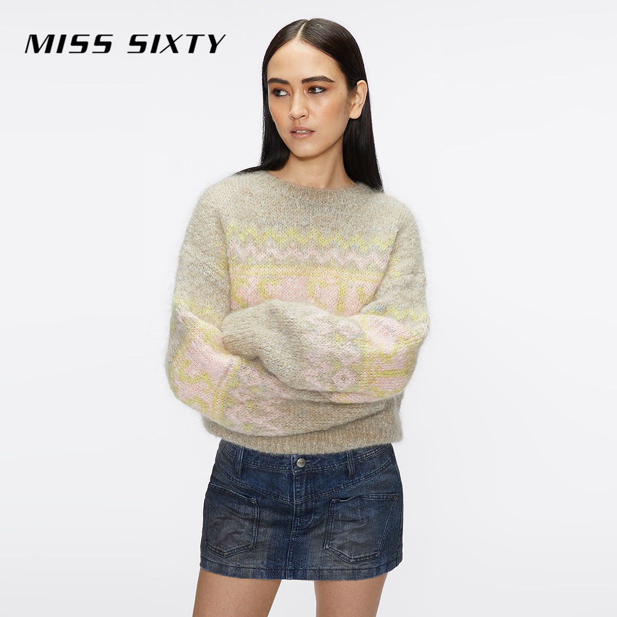 Miss Sixty冬季新款针织衫女圆领毛衣落肩复古慵懒费尔岛提花