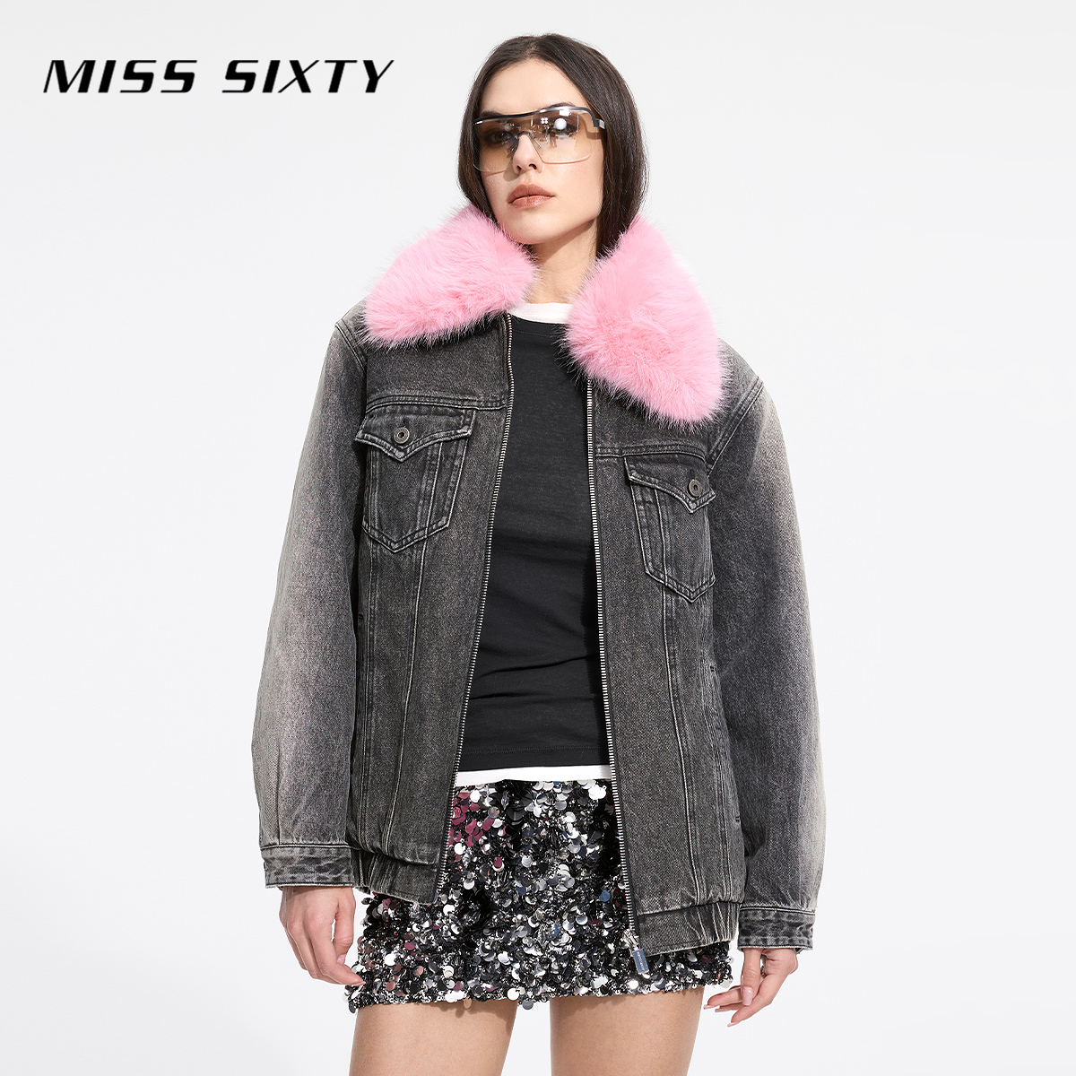 Miss Sixty冬季新款牛仔外套女可拆卸仿毛领加厚复古休闲风