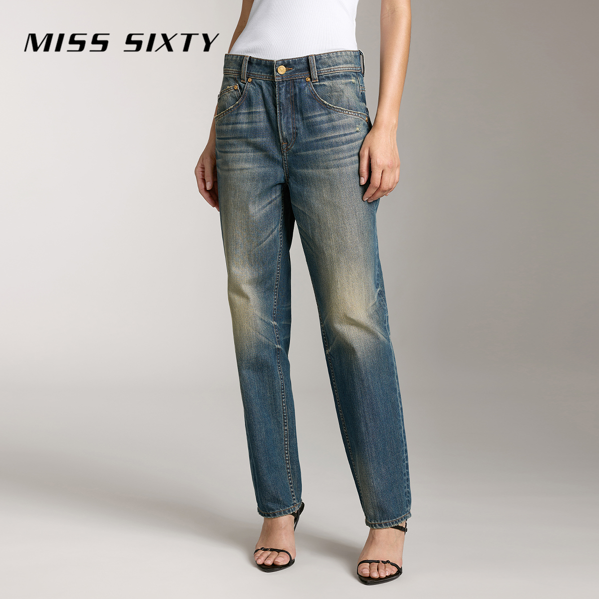 【进口牛仔面料】Miss Sixty秋季新款牛仔裤女做旧水洗萝卜裤