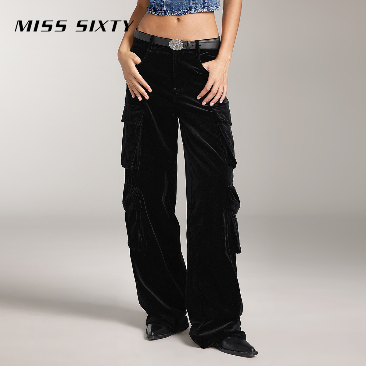 Miss Sixty秋季新款休闲裤女高腰丝绒美式复古街头口袋工装裤