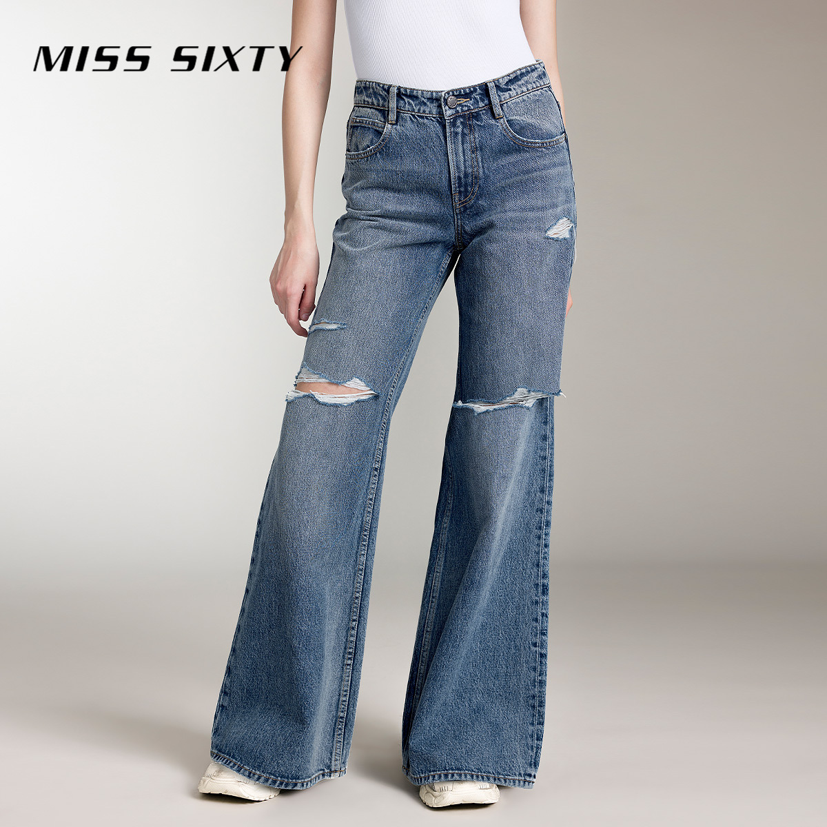 Miss Sixty秋季新款牛仔裤女复古个性破洞设计宽松显瘦直筒裤