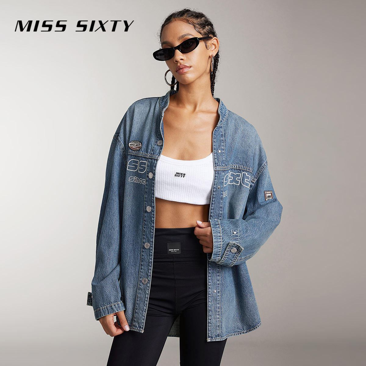Miss Sixty秋季新款牛仔衬衫女长袖宽松中长款复古赛车风印花