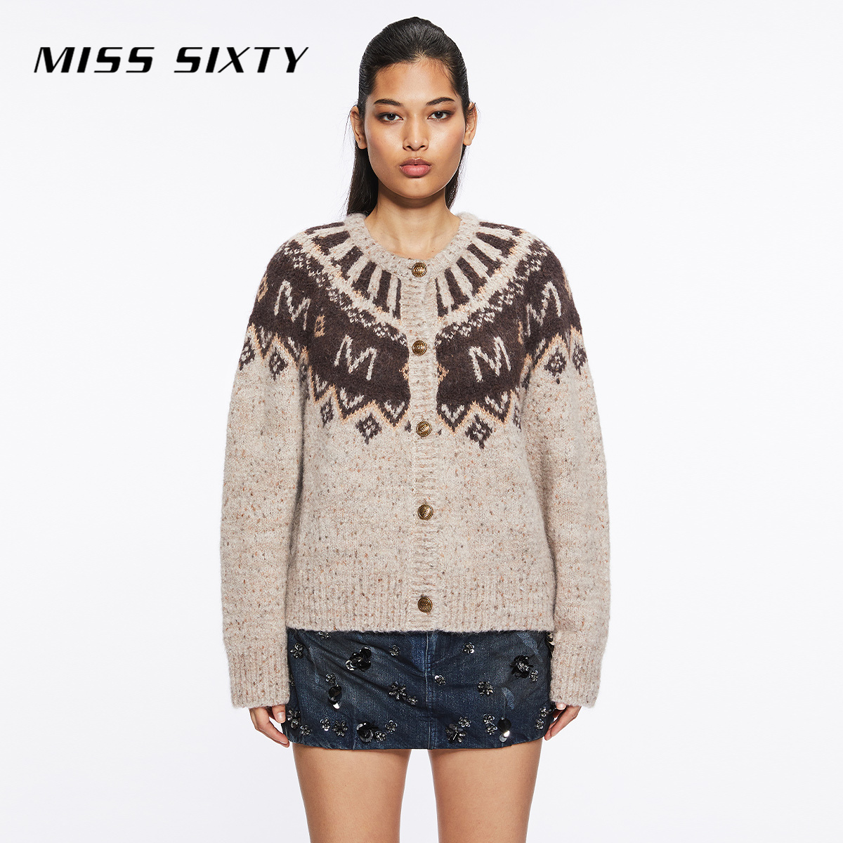 Miss Sixty冬季新款针织外套女费尔岛提花复古毛衣慵懒百搭