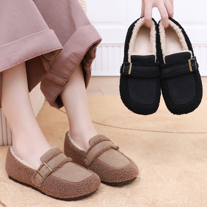 冬季新款加绒毛毛鞋女老北京布鞋女防滑保暖软底时尚平底豆豆棉鞋