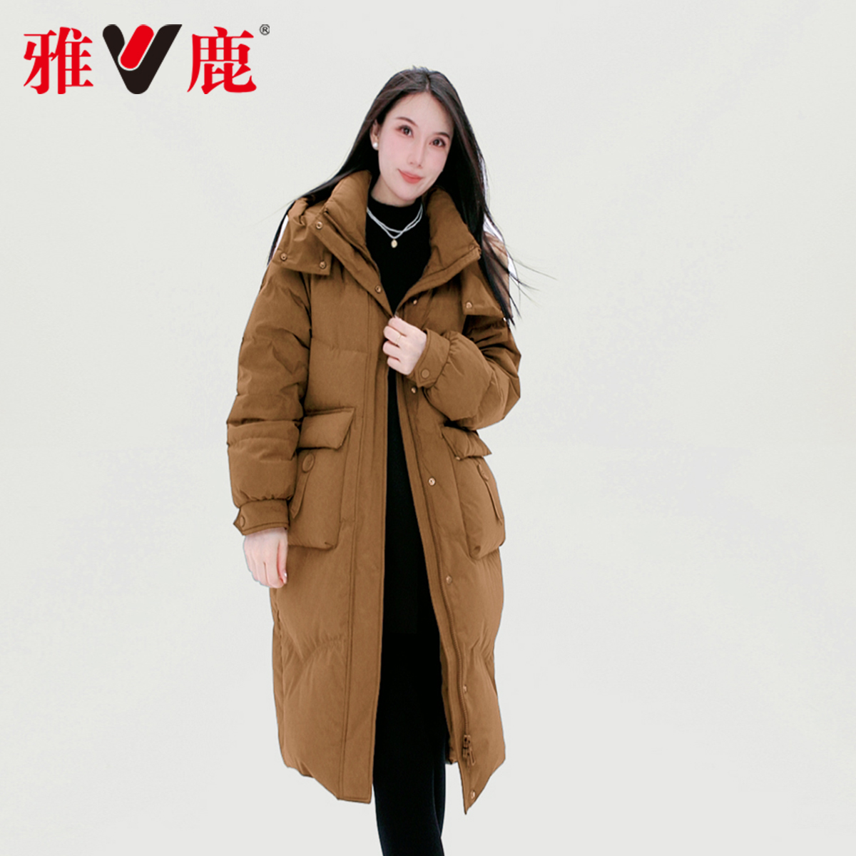 【粉丝专享】2025时尚秋冬雅鹿女款爆款90白鸭绒休闲显瘦中长羽绒服