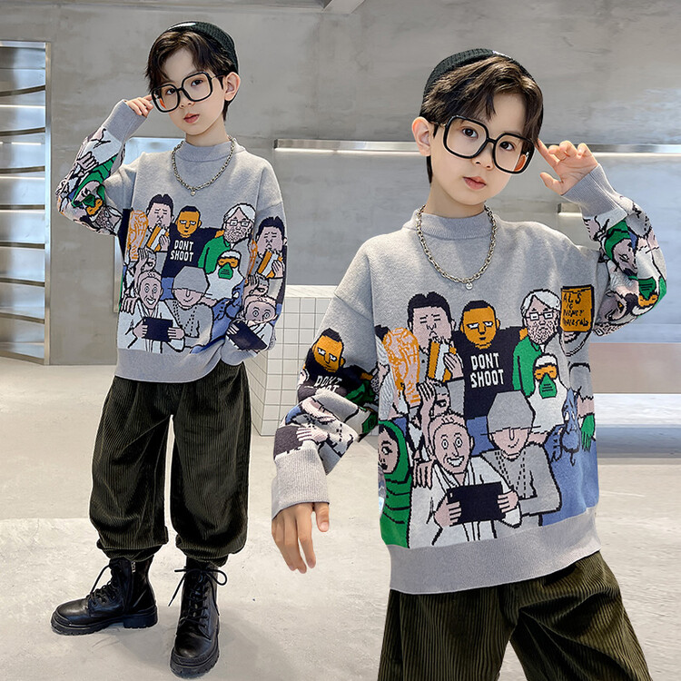 儿童装男童毛衣秋冬款2023新款加厚加绒男孩大童冬季针织长袖圆领