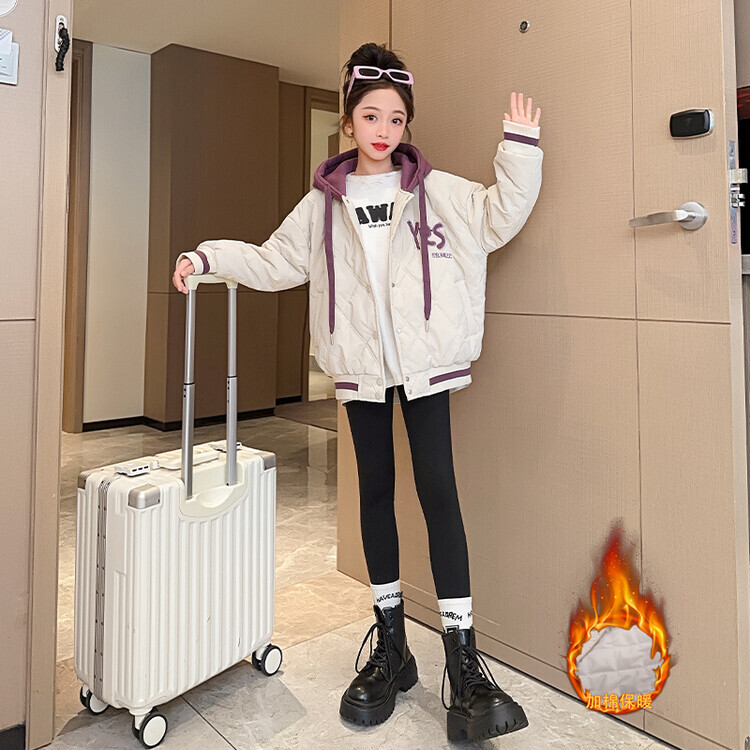 女孩外套秋冬装2023新款洋气夹棉休闲中大童加厚连帽冬季保暖棉袄