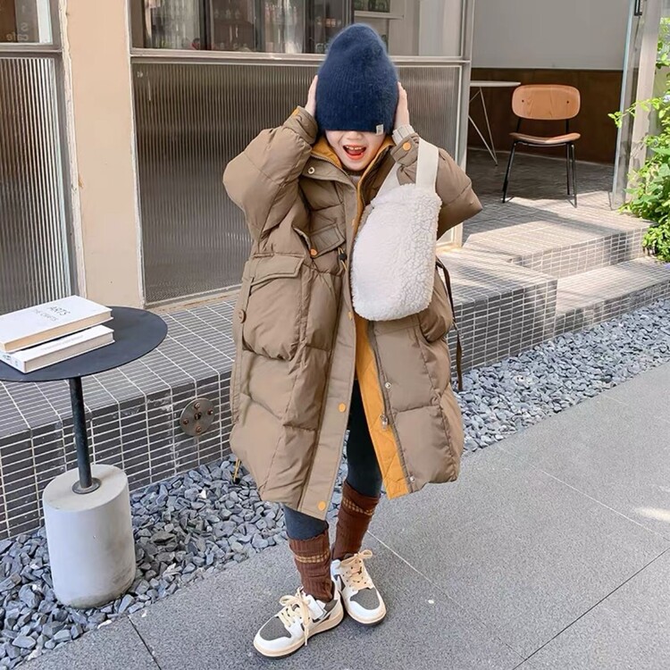 女童加厚保暖棉服2023新款洋气儿童加厚连帽外套冬季中长款上衣潮