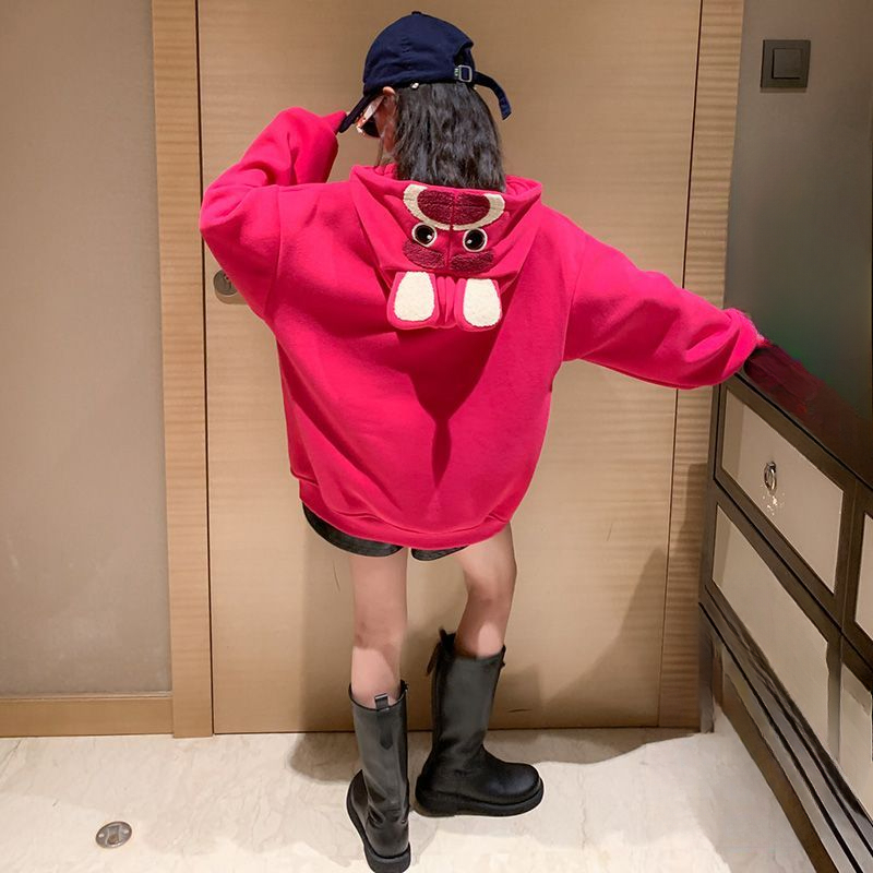 玫红色女大童卫衣秋冬街舞儿童潮服加厚连帽打底衫