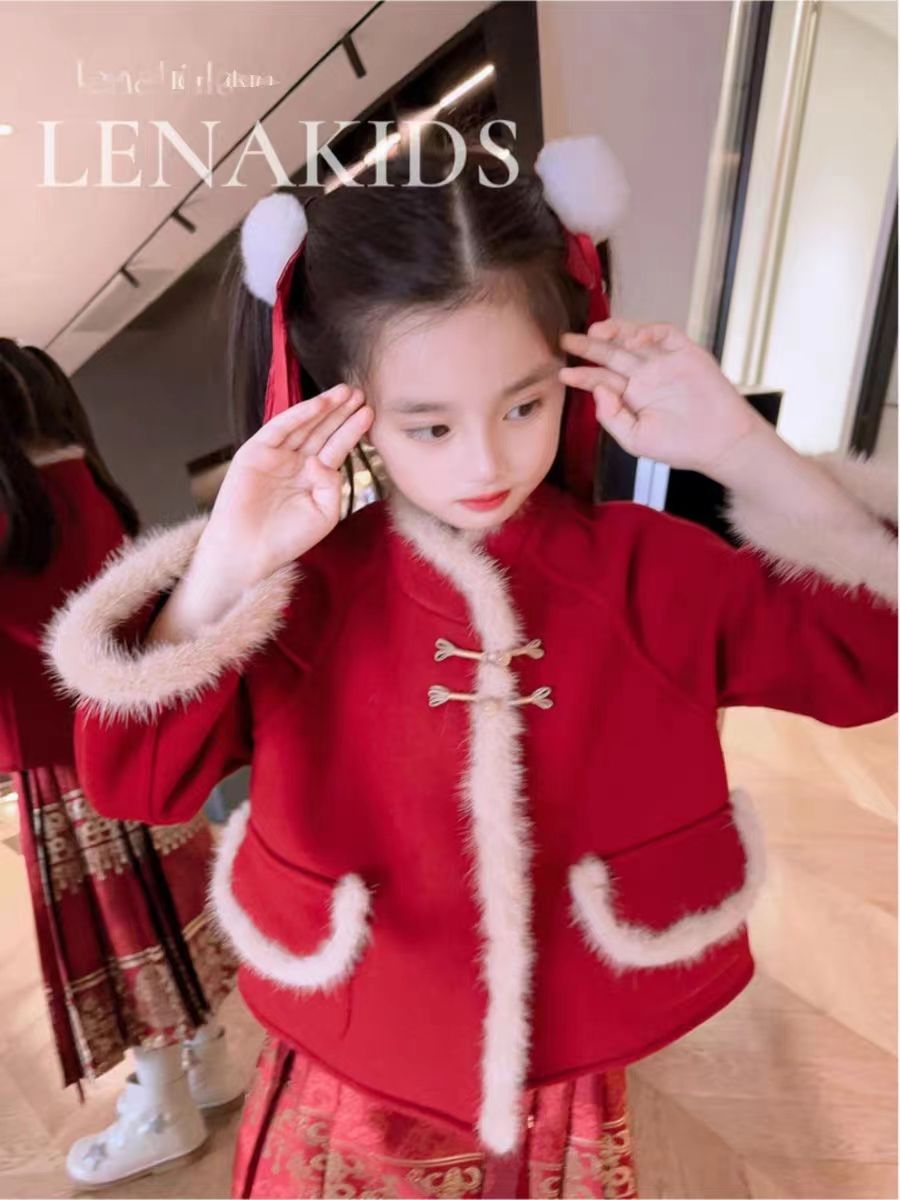 儿童汉服女童加厚中国风加绒红色古装冬2024新款女孩高端冬季新款