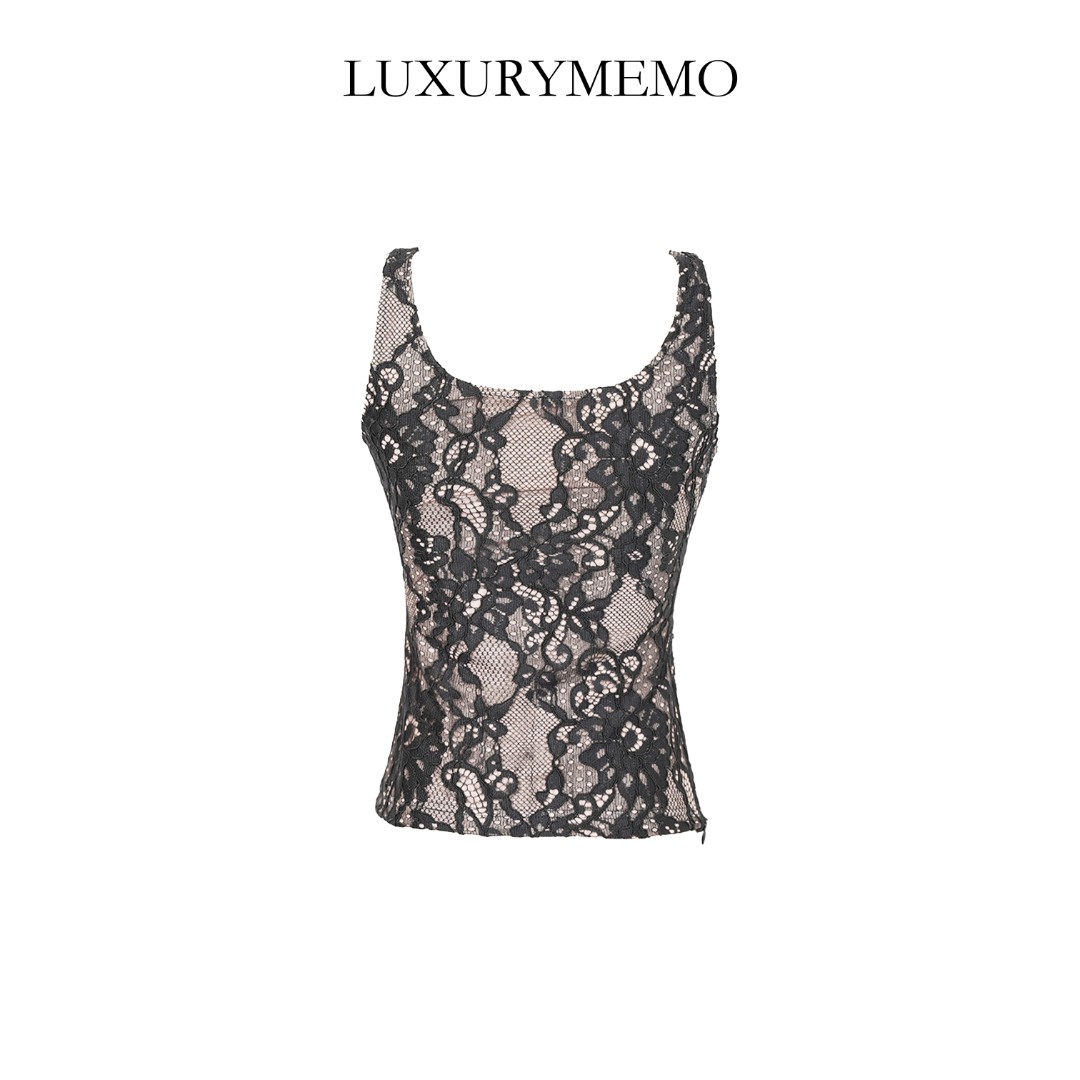 LUXURYMEMO【刘熊熊】秋季新款蕾丝女图腾背心打底内搭