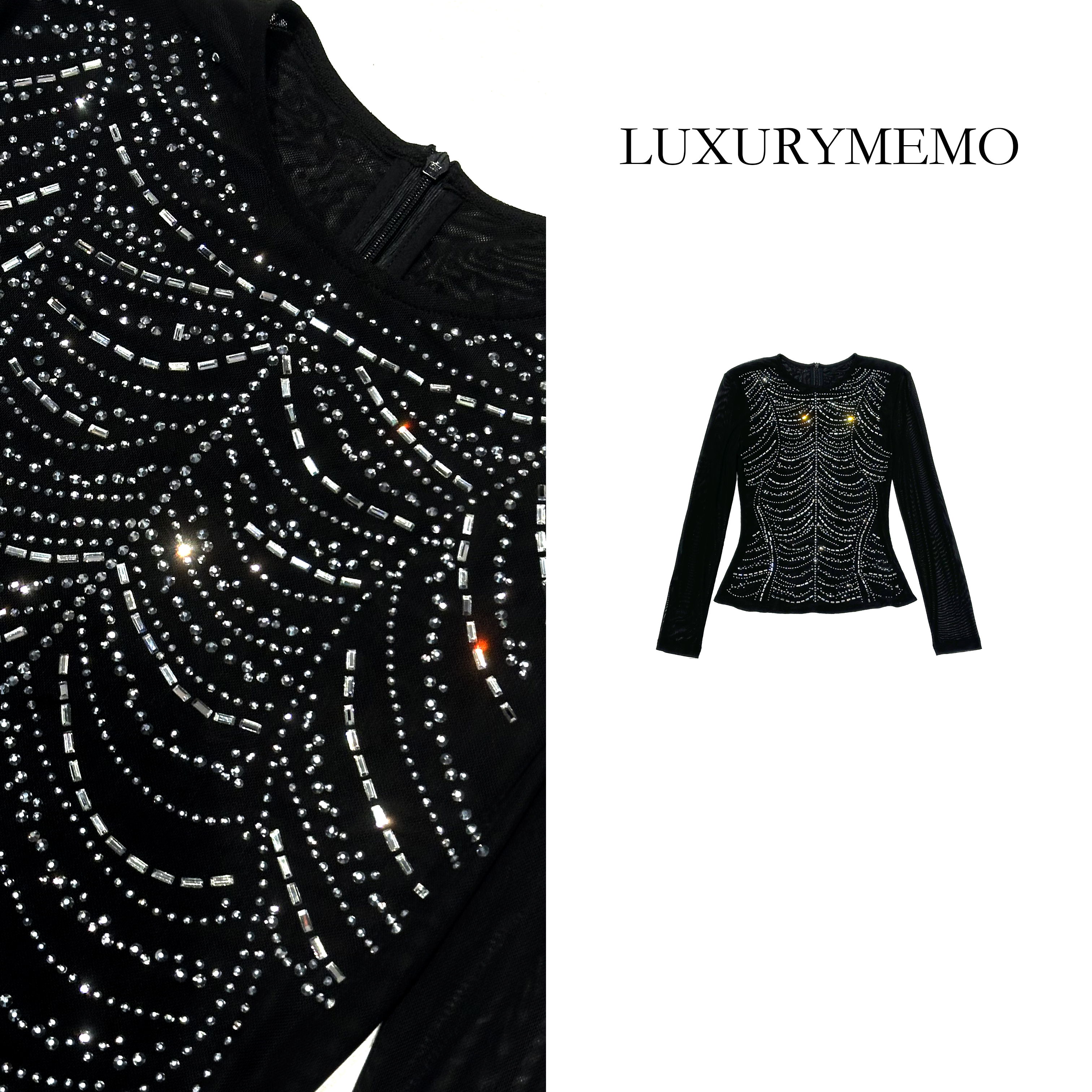 LUXURYMEMO【刘熊熊】秋季新款气质进口澳钻网纱修身打底上衣
