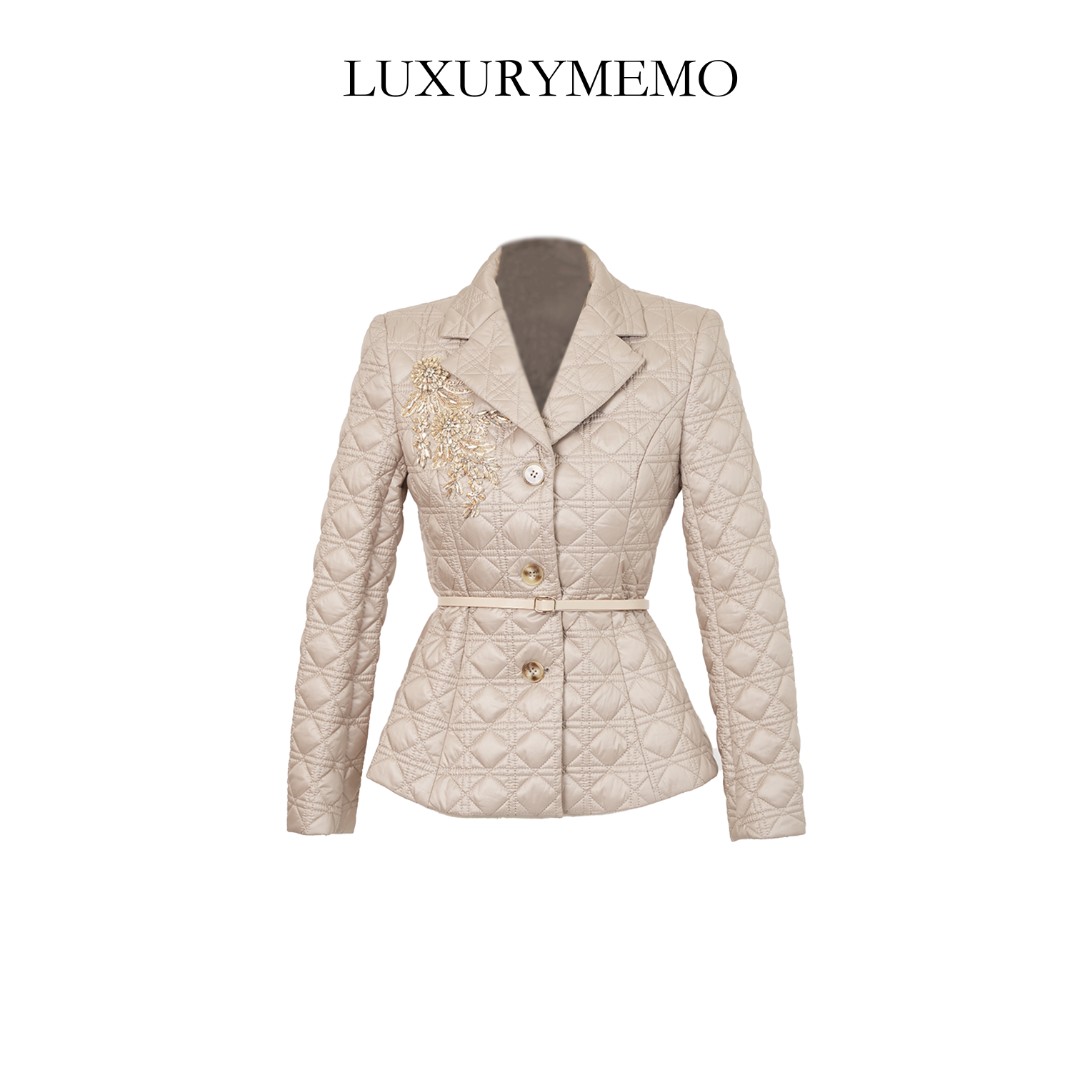 LUXURYMEMO【刘熊熊】气质修身时尚秋冬短款奶茶色菱形格棉服外套