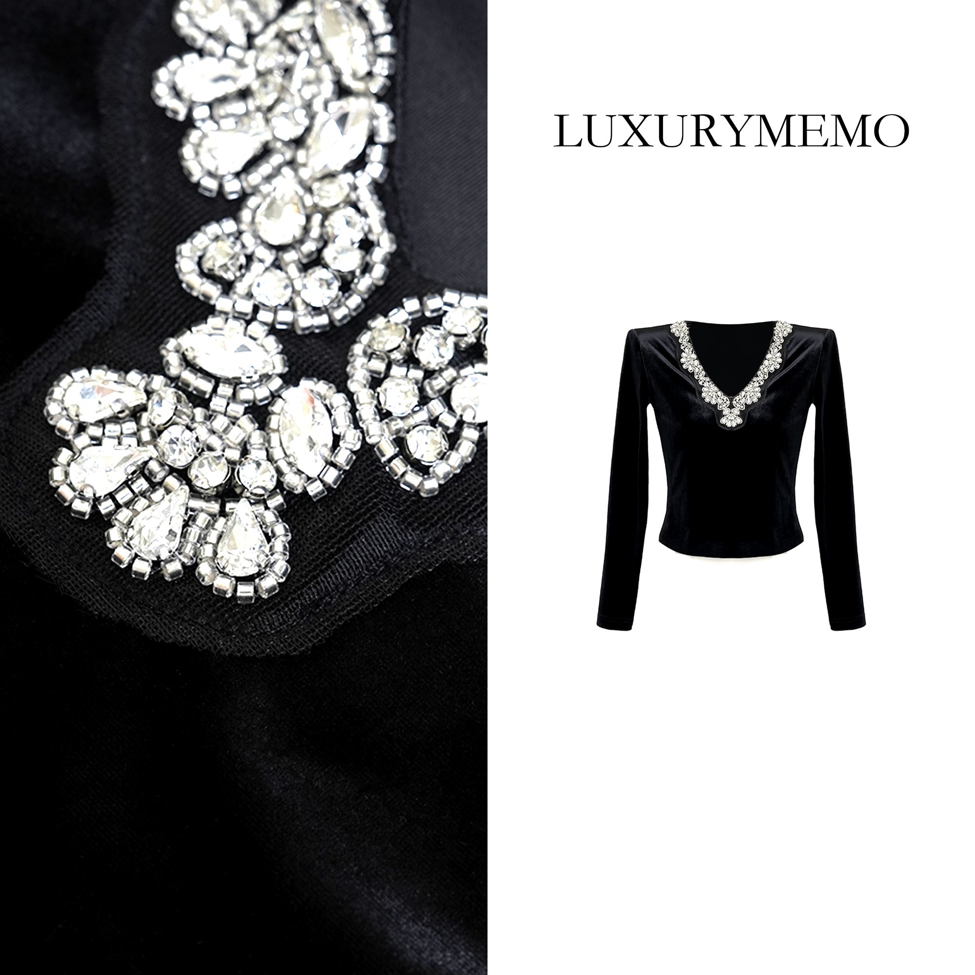 LUXURYMEMO【刘熊熊】秋季新款万人迷同款手工钉珠丝绒收腰内搭上衣