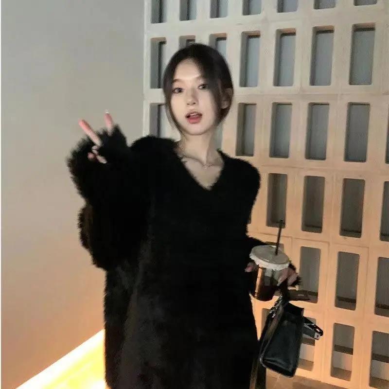 OD毛衣宽松外穿慵懒风黑色软糯V领毛衣冬季女装纯欲风针织衫秋季