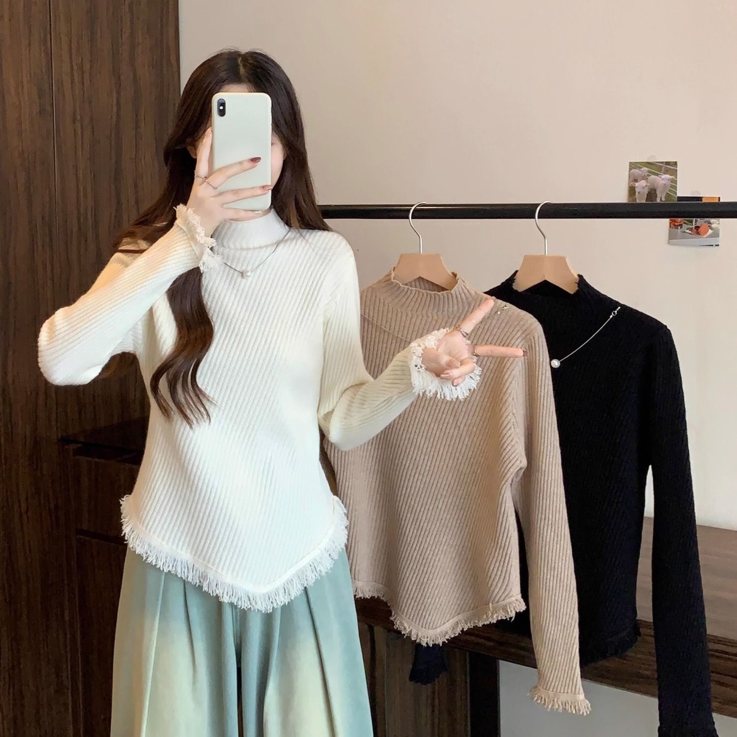 2023秋冬新款加厚半高领流苏毛衣针织衫女不规则内搭打底衫上衣