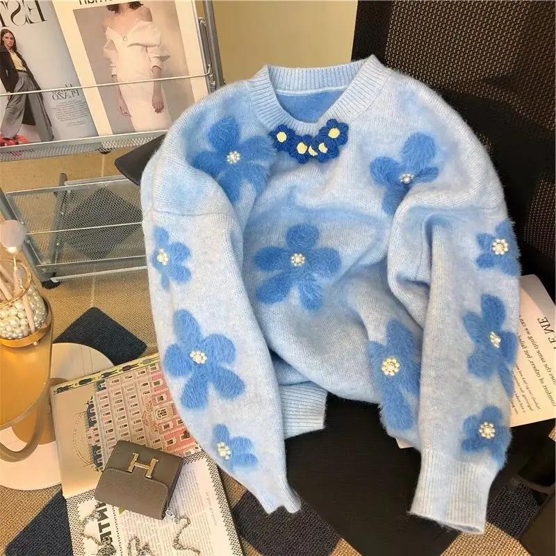 DS奶蓝色软糯毛衣女秋冬2023新款钉珠花朵设计感小众时尚洋气甜美
