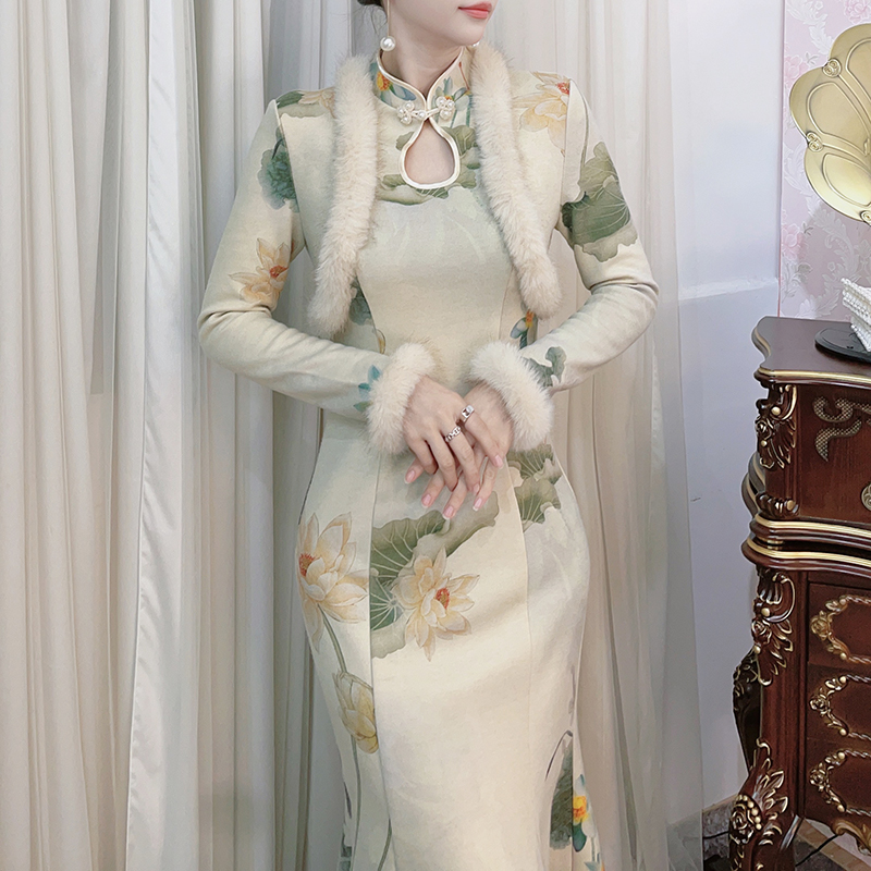 【烟暖初妆】改良款修身显瘦中国风旗袍秋冬气质优雅日常长款连衣裙