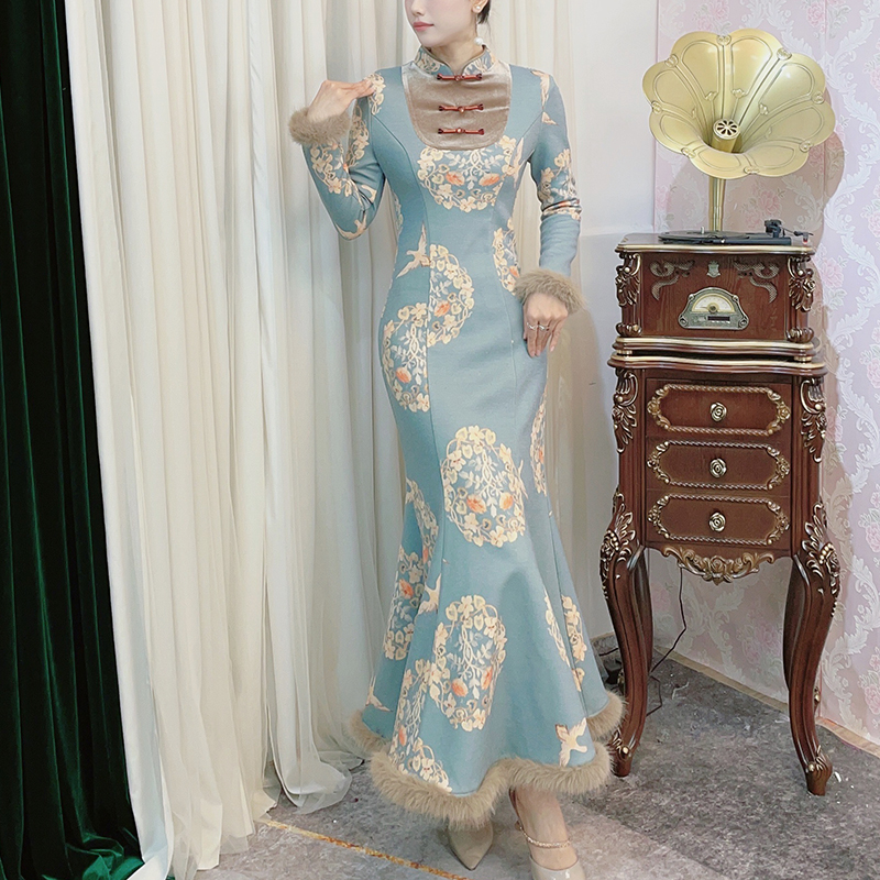 【伊人夕岸】改良款修身显瘦中国风旗袍秋冬气质优雅日常长款连衣裙