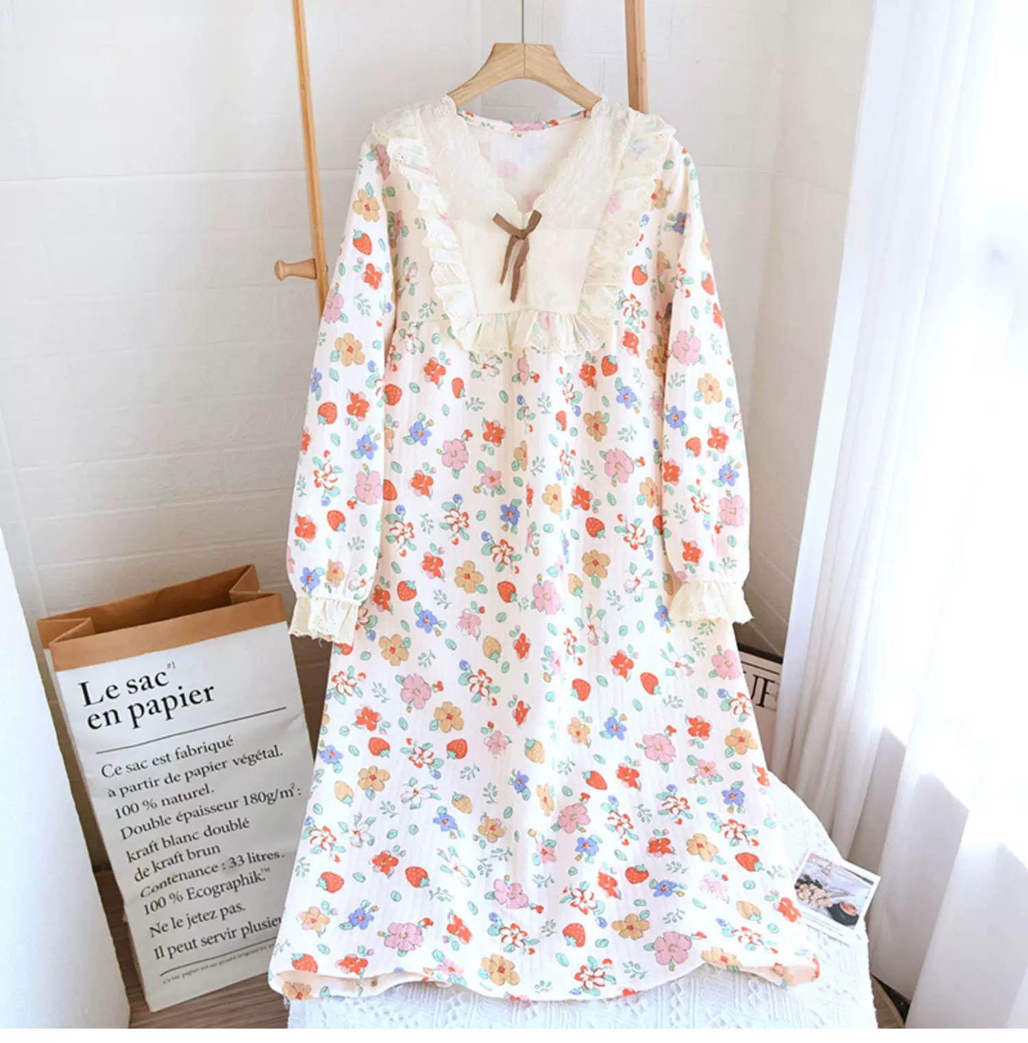 空气棉夹棉长袖睡裙深秋秋冬款暖气房舒适透气纯棉请勿高温熨烫