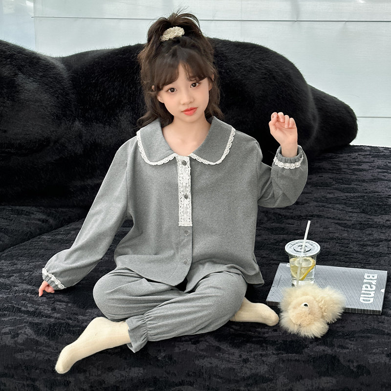 儿童甜美可爱蕾丝边德绒睡衣女童秋冬季2024新款外穿家居服亲子装