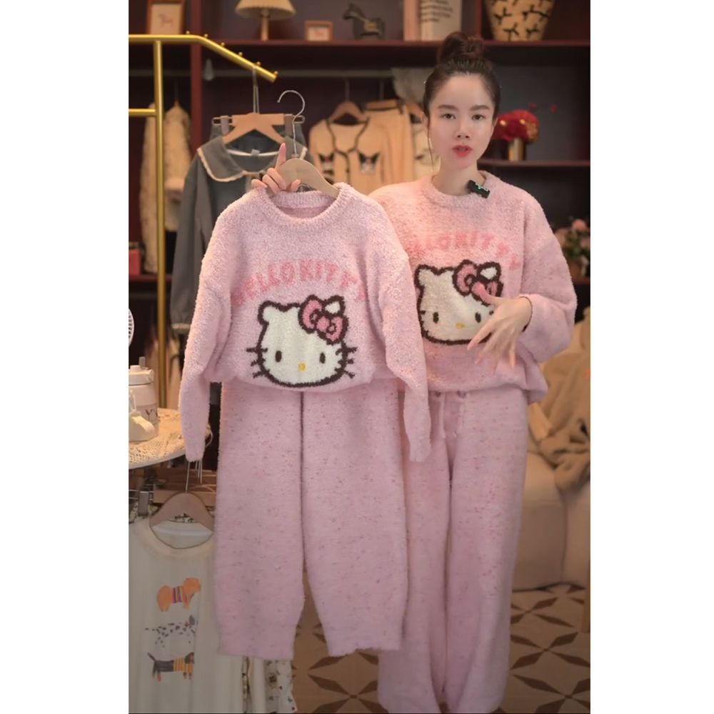 软绵绵睡衣女童秋冬季加厚保暖珊瑚绒儿童半边绒家居服套装亲子装