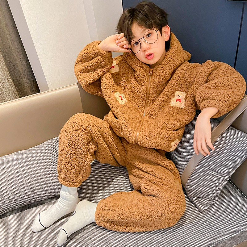 儿童法兰绒睡衣秋冬季男童大童连帽加绒加厚珊瑚绒家居服亲子套装