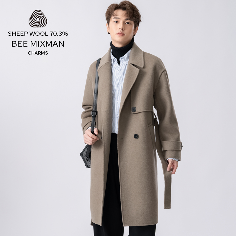 羊毛呢子男外套秋冬季韩版宽松潮流双排扣男士休闲双面呢大衣男装