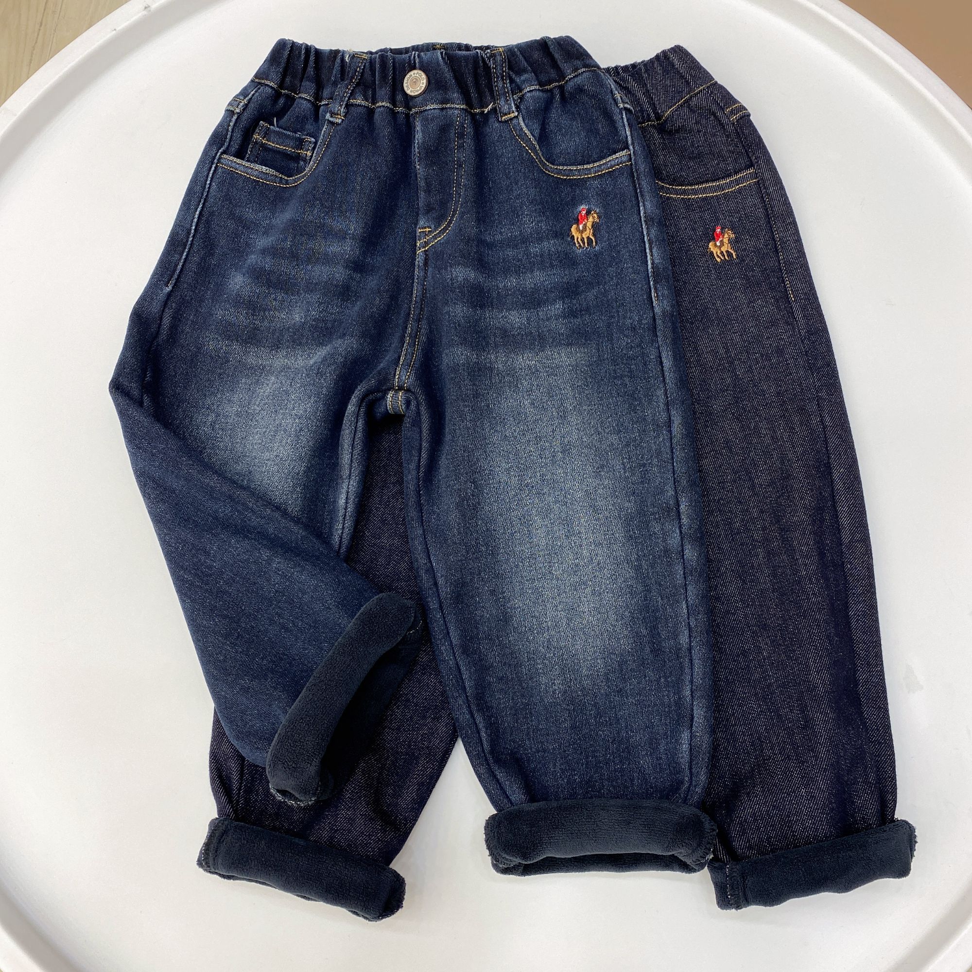 儿童秋冬加绒休闲百搭女童男童牛仔裤时尚冬款加厚一体绒裤子