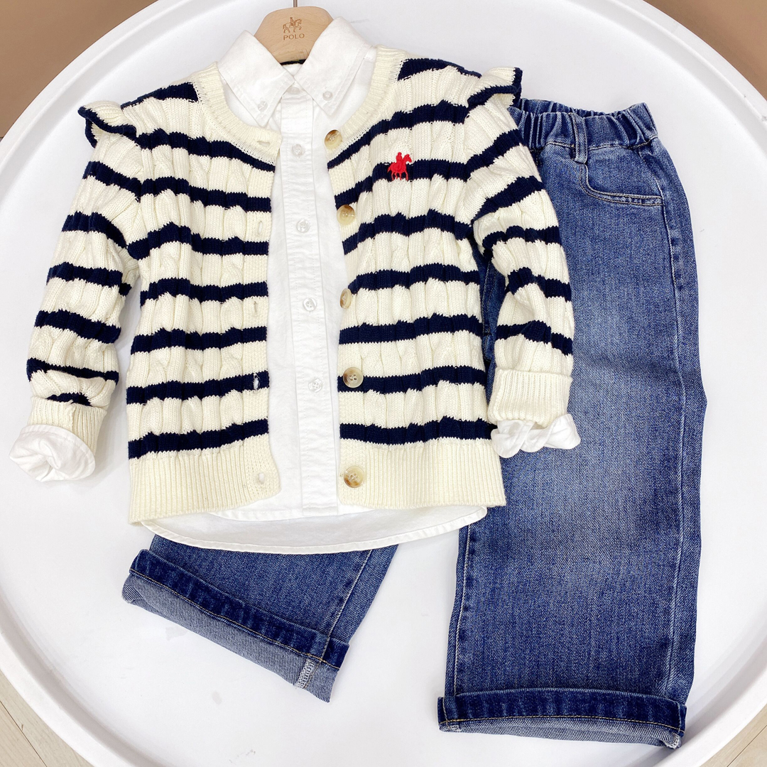 条纹女童针织衫中大童女宝时尚百搭圆领气质小香风长袖春秋款外套