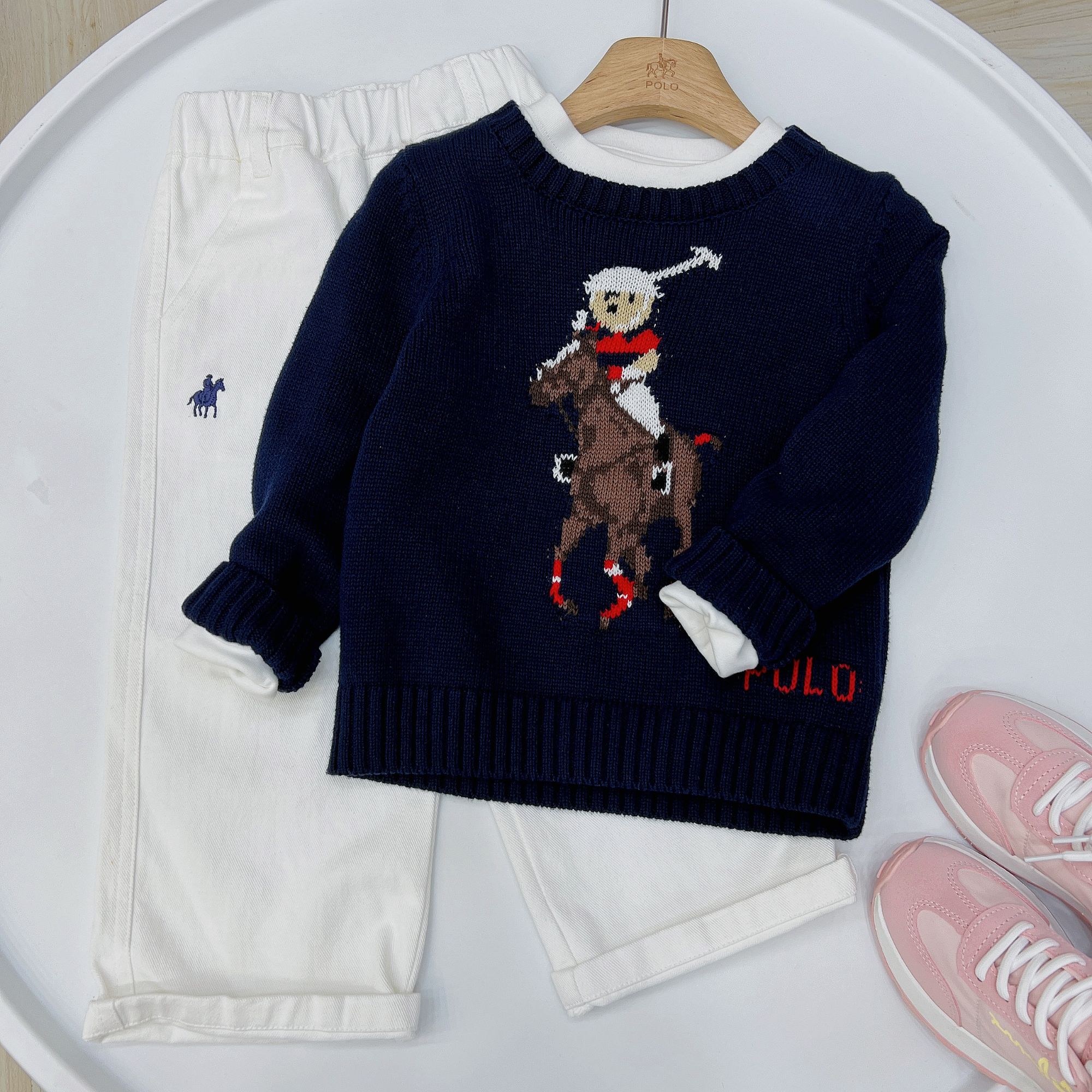 保罗秋冬套头毛衣儿童毛衫男女童藏青色棉纱线不起球针织衫圆领