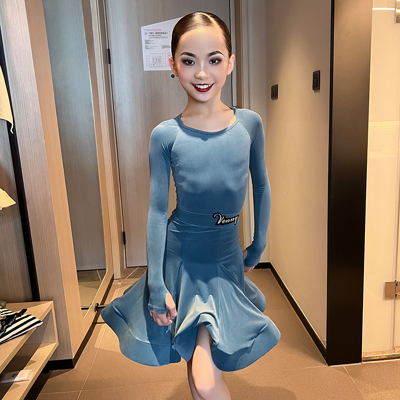 薇妮舞美拉丁舞规定服新款长袖大摆裙专业艺考级少儿演出比赛服装