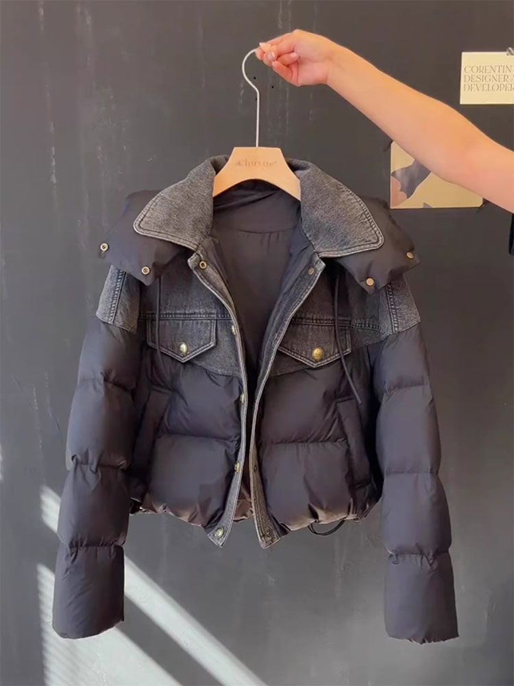 2023新款羽绒服今年流行爆款冬装高级感牛仔拼接短款连帽面包服外