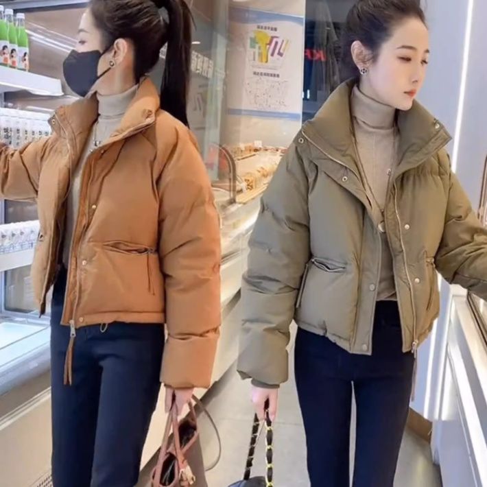 2023年新款冬季女士羽绒服小个子短款白鸭绒纯色立领面包服外套潮